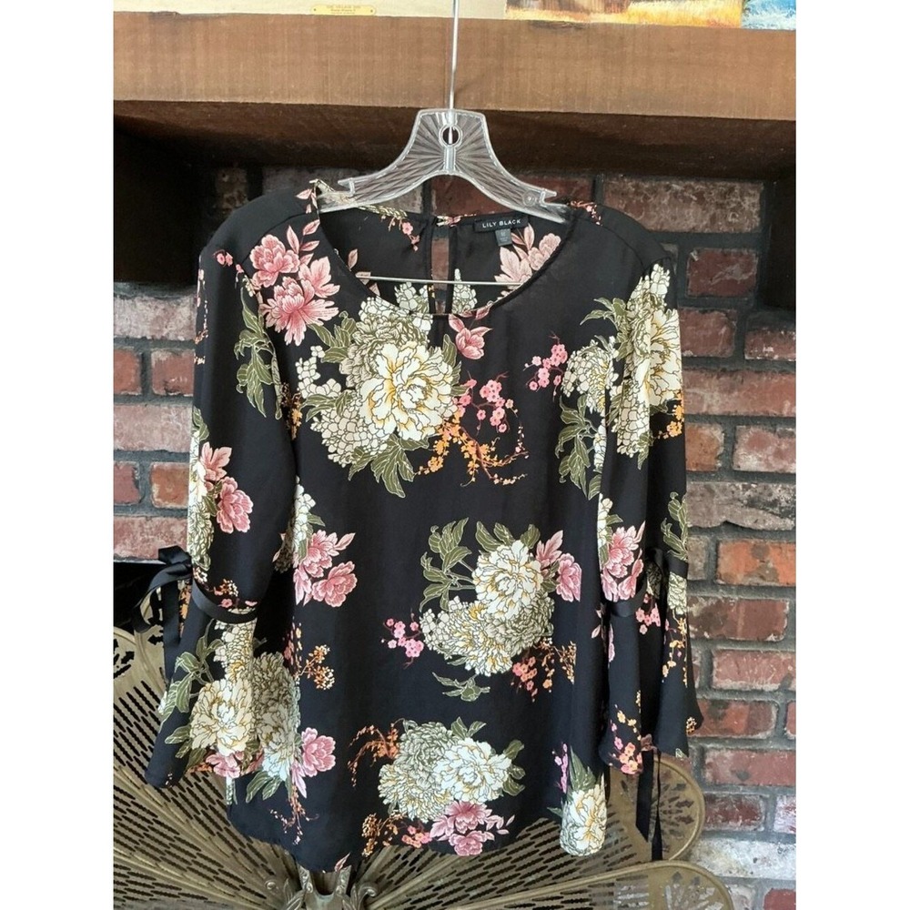 Lily Black | Floral Bell-Sleeve Blouse with Grosgrain Ribbon Ties